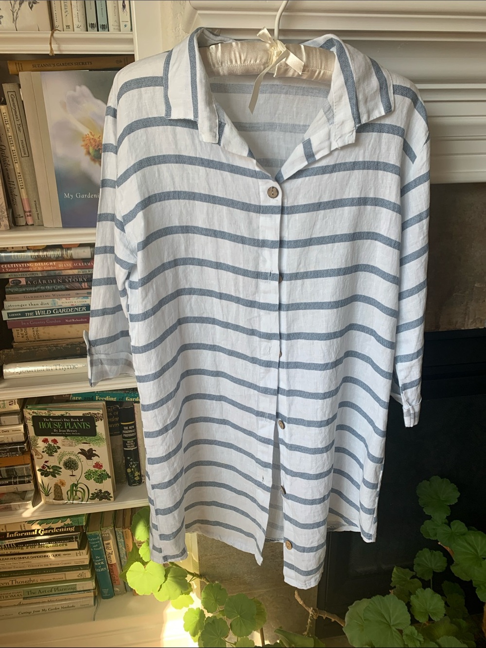 Viola Borghi Linen Striped Button-Front Tunic Top - Blue & White